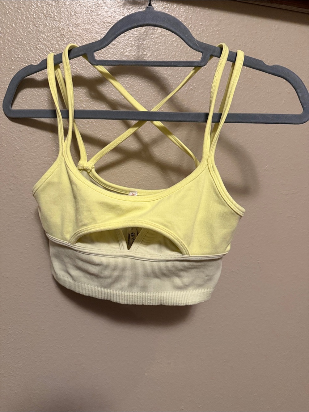 FP Movement by Free People Pale Yellow Ribbed Cross-Back Bralette